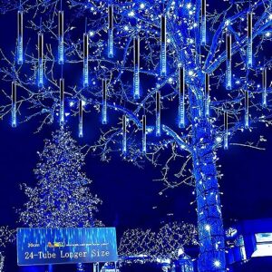 kwaiffeo outdoor christmas decorations, 24 tubes(equivalent to 3 sets of 8-tubes) led meteor shower lights for xmas tree halloween decoration yard lawn outside party, ul plug, blue christmas lights