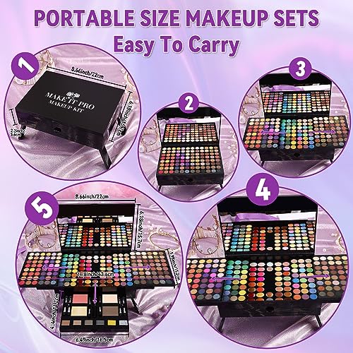 Women Makeup Sets Full Kits - 190 Colors Cosmetic Make Up Gifts Combination with Eyeshadow Facial Blusher Eyebrow Powder Face Concealer Powder Eyeliner Pencil Lip Colors with Full Size Mirror All-in-One Makeup Palette Kit (SET B)