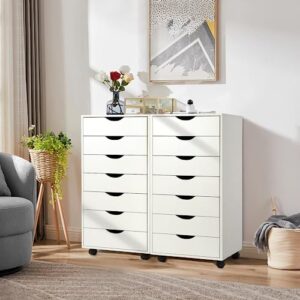 TUSY White 7-Drawer Dresser, Tall Chest of Drawers with Caster Wheels, Storage Cabinet for Bedroom, Living Room