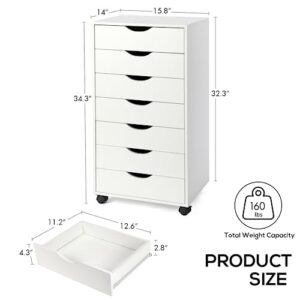TUSY White 7-Drawer Dresser, Tall Chest of Drawers with Caster Wheels, Storage Cabinet for Bedroom, Living Room