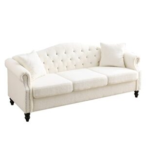 jfgjl 79" sofa white for living room, 3 seater sofa tufted couch with rolled arms and nailhead two pillows