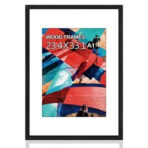a1 poster frame,23.4x33.1 natural soild wood black picture frames with polished plexiglass,easy to hang,display picture a1 without mat or a2 with mat for wall mounting horizontally and vertically
