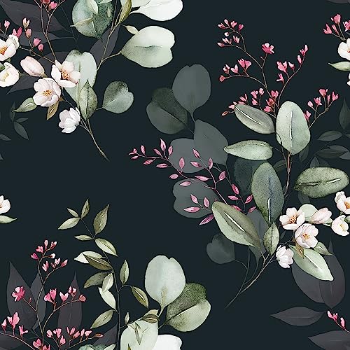 BEETAL Green Leaf Floral Pink White Peel and Stick Wallpaper Black Esay Peel Off Contact Paper Vintage Self Adhesive Removable Stick on Wall Paper for Kitchen Cabinet Furniture Renter Friendly