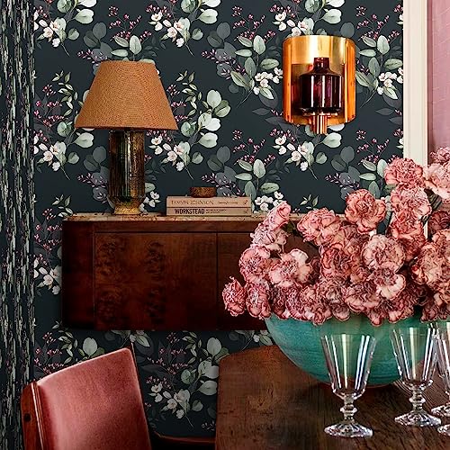 BEETAL Green Leaf Floral Pink White Peel and Stick Wallpaper Black Esay Peel Off Contact Paper Vintage Self Adhesive Removable Stick on Wall Paper for Kitchen Cabinet Furniture Renter Friendly