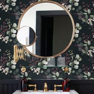 BEETAL Green Leaf Floral Pink White Peel and Stick Wallpaper Black Esay Peel Off Contact Paper Vintage Self Adhesive Removable Stick on Wall Paper for Kitchen Cabinet Furniture Renter Friendly