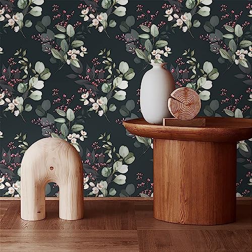 BEETAL Green Leaf Floral Pink White Peel and Stick Wallpaper Black Esay Peel Off Contact Paper Vintage Self Adhesive Removable Stick on Wall Paper for Kitchen Cabinet Furniture Renter Friendly