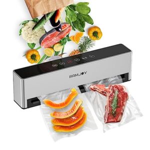 ramjoy vacuum sealer, automatic, smart dry/moist food sealer machine with 5 adjustable modes, vacuum sealer for food storage with 10 pcs bags & air suction hose, silver