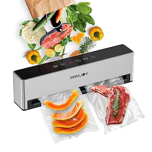 RAMJOY Vacuum Sealer, Automatic, Smart Dry/Moist Food Sealer Machine with 5 Adjustable Modes, Vacuum Sealer for Food Storage with 10 PCS Bags & Air Suction Hose, Silver