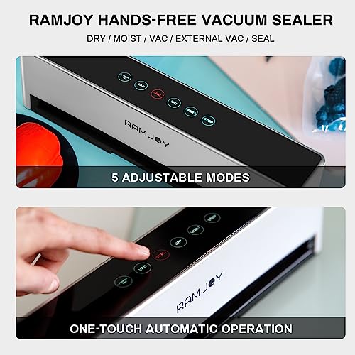 RAMJOY Vacuum Sealer, Automatic, Smart Dry/Moist Food Sealer Machine with 5 Adjustable Modes, Vacuum Sealer for Food Storage with 10 PCS Bags & Air Suction Hose, Silver