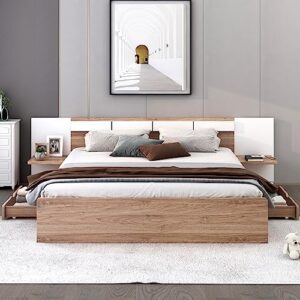 livavege queen bed frame platform bed with headboard and strong wooden slats, drawers & shelves, usb ports and sockets, non-slip and noise-free, no box spring needed, easy assembly