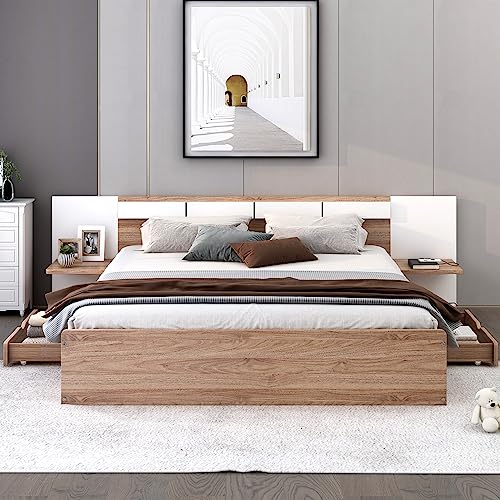 Livavege Queen Bed Frame Platform Bed with Headboard and Strong Wooden Slats, Drawers & Shelves, USB Ports and Sockets, Non-Slip and Noise-Free, No Box Spring Needed, Easy Assembly