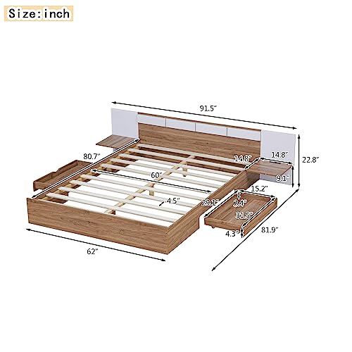 Livavege Queen Bed Frame Platform Bed with Headboard and Strong Wooden Slats, Drawers & Shelves, USB Ports and Sockets, Non-Slip and Noise-Free, No Box Spring Needed, Easy Assembly