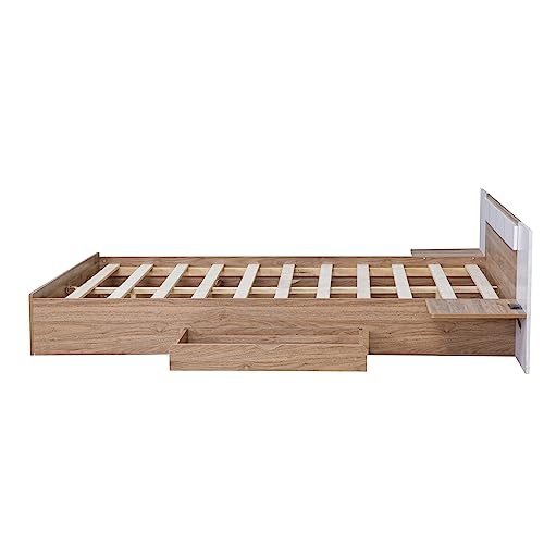 Livavege Queen Bed Frame Platform Bed with Headboard and Strong Wooden Slats, Drawers & Shelves, USB Ports and Sockets, Non-Slip and Noise-Free, No Box Spring Needed, Easy Assembly