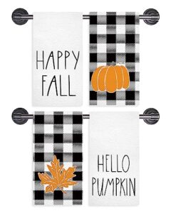 gagec fall kitchen towels buffalo plaid pumpkin maple leaf fall dish towels set of 4, autumn holiday tea towel 18 x 26 inch hand drying cloth towel for kitchen home decoration