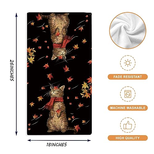 GAGEC Fall Kitchen Towels Cat Maple Leaf Fall Dish Towels Set of 2, Autumn Holiday Tea Towel 18 x 26 Inch Hand Drying Cloth Towel for Kitchen Home Decoration