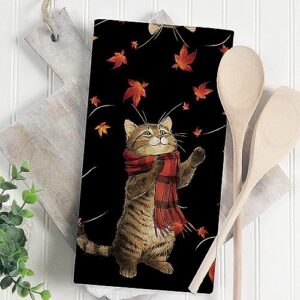 GAGEC Fall Kitchen Towels Cat Maple Leaf Fall Dish Towels Set of 2, Autumn Holiday Tea Towel 18 x 26 Inch Hand Drying Cloth Towel for Kitchen Home Decoration