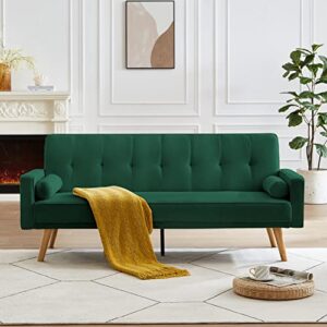 verfur button tufted futon sofa bed,fabric upholstered convertible loveseat couch,soft small sofa & couches for compact living space sofabed, green w/ 4 wooden legs and 1 metal legs
