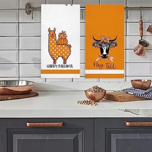 GAGEC Fall Kitchen Towels Funny Fallama Cow Fall Dish Towels Set of 2, Autumn Holiday Tea Towel 18 x 26 Inch Hand Drying Cloth Towel for Kitchen Home Decoration