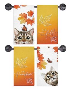 gagec fall kitchen towels maple leaf cat fall dish towels set of 4, hello pumpkin holiday tea towel 18 x 26 inch hand drying cloth towel for kitchen home decoration