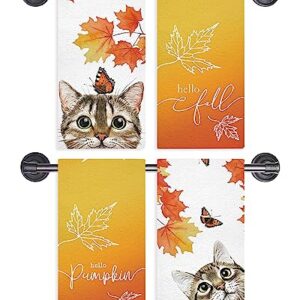 GAGEC Fall Kitchen Towels Maple Leaf Cat Fall Dish Towels Set of 4, Hello Pumpkin Holiday Tea Towel 18 x 26 Inch Hand Drying Cloth Towel for Kitchen Home Decoration