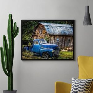 Stamped Cross Stitch Kits for Adults Beginners Farmhouse Blue Car Truck Pattern 11CT Pre-Printed Fabric Embroidery Arts and Crafts Kit Needlepoint Starter DIY Wall Decor, 24 x 32 inch