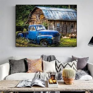 Stamped Cross Stitch Kits for Adults Beginners Farmhouse Blue Car Truck Pattern 11CT Pre-Printed Fabric Embroidery Arts and Crafts Kit Needlepoint Starter DIY Wall Decor, 24 x 32 inch