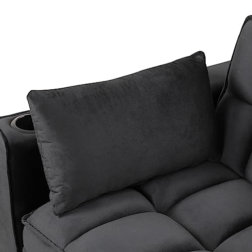 Modern Velvet Loveseat Sofa Futon Recliner Couch w/Adjustable Back,Side Pockets&Plastic Legs for Living Room,Multi-functional Folding Sofa Bed Sleeper w/Cup Holders,Pillows&USB for Small Space (Black)