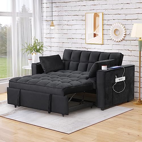 Modern Velvet Loveseat Sofa Futon Recliner Couch w/Adjustable Back,Side Pockets&Plastic Legs for Living Room,Multi-functional Folding Sofa Bed Sleeper w/Cup Holders,Pillows&USB for Small Space (Black)