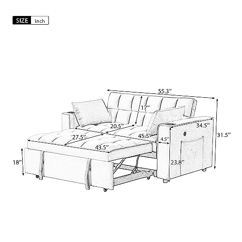 Modern Velvet Loveseat Sofa Futon Recliner Couch w/Adjustable Back,Side Pockets&Plastic Legs for Living Room,Multi-functional Folding Sofa Bed Sleeper w/Cup Holders,Pillows&USB for Small Space (Black)