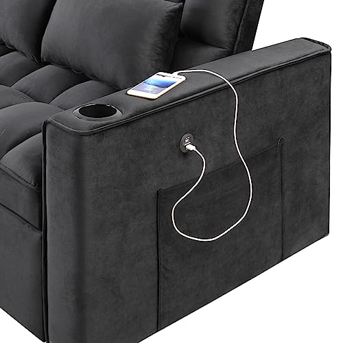 Modern Velvet Loveseat Sofa Futon Recliner Couch w/Adjustable Back,Side Pockets&Plastic Legs for Living Room,Multi-functional Folding Sofa Bed Sleeper w/Cup Holders,Pillows&USB for Small Space (Black)