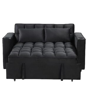 Modern Velvet Loveseat Sofa Futon Recliner Couch w/Adjustable Back,Side Pockets&Plastic Legs for Living Room,Multi-functional Folding Sofa Bed Sleeper w/Cup Holders,Pillows&USB for Small Space (Black)