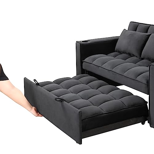 Modern Velvet Loveseat Sofa Futon Recliner Couch w/Adjustable Back,Side Pockets&Plastic Legs for Living Room,Multi-functional Folding Sofa Bed Sleeper w/Cup Holders,Pillows&USB for Small Space (Black)