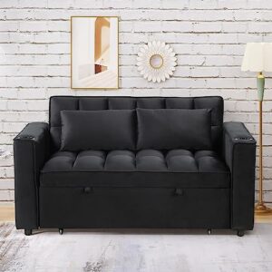 Modern Velvet Loveseat Sofa Futon Recliner Couch w/Adjustable Back,Side Pockets&Plastic Legs for Living Room,Multi-functional Folding Sofa Bed Sleeper w/Cup Holders,Pillows&USB for Small Space (Black)