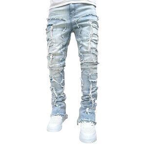 giraropa mens black stacked jeans slim fit skinny ripped jeans destroyed straight denim pants harajuku hip hop trousers streetwear (light blue, s)