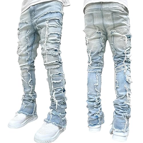 Giraropa Mens Black Stacked Jeans Slim Fit Skinny Ripped Jeans Destroyed Straight Denim Pants Harajuku Hip Hop Trousers Streetwear (Light Blue, S)