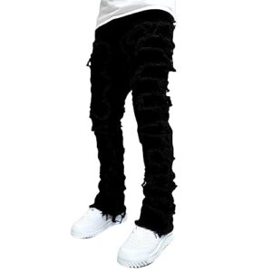 giraropa mens black stacked jeans slim fit skinny ripped jeans destroyed straight denim pants harajuku hip hop trousers streetwear (black, l)