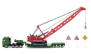 heavy haulage transporter green and liebherr cable excavator red with wrecking ball and signs 1/87 (ho) diecast models by siku sk1834