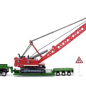 Heavy Haulage Transporter Green and Liebherr Cable Excavator Red with Wrecking Ball and Signs 1/87 (HO) Diecast Models by Siku SK1834