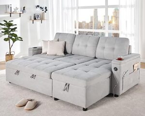 vanacc sleeper sofa, modern tufted convertible sofa bed, usb charging ports & cup holders, l shaped sofa couch with storage chaise, chenille couches for living room (light grey)