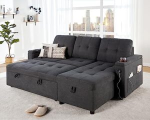 vanacc sleeper sofa, modern tufted convertible sofa bed, usb charging ports & cup holders, l shaped sofa couch with storage chaise, chenille couches for living room (dark grey)