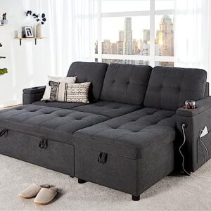 VanAcc Sleeper Sofa, Modern Tufted Convertible Sofa Bed, USB Charging Ports & Cup Holders, L Shaped Sofa Couch with Storage Chaise, Chenille Couches for Living Room (Dark Grey)