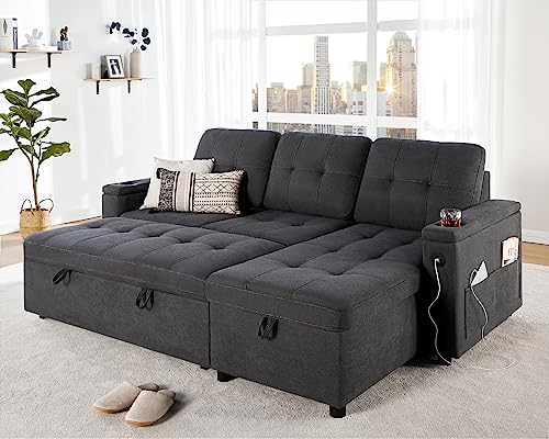 VanAcc Sleeper Sofa, Modern Tufted Convertible Sofa Bed, USB Charging Ports & Cup Holders, L Shaped Sofa Couch with Storage Chaise, Chenille Couches for Living Room (Dark Grey)