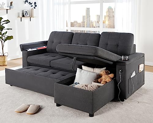 VanAcc Sleeper Sofa, Modern Tufted Convertible Sofa Bed, USB Charging Ports & Cup Holders, L Shaped Sofa Couch with Storage Chaise, Chenille Couches for Living Room (Dark Grey)