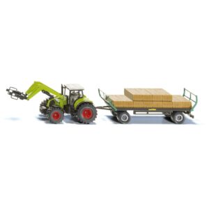 claas tractor with square bale grab green and oehler bale trailer with 12 hay bales 1/50 diecast model by siku sk1946