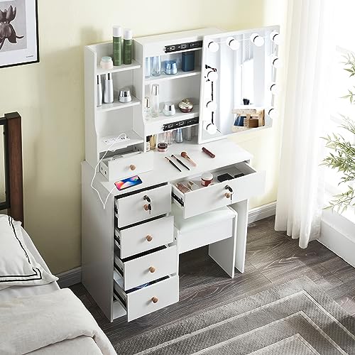 Lucaseone Vanity Desk with Lights Mirror, Vanity Table Makeup Vanity with Slidable Mirror,Drawers & Stool,for Bedroom, White (05USB712)