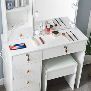 Lucaseone Vanity Desk with Lights Mirror, Vanity Table Makeup Vanity with Slidable Mirror,Drawers & Stool,for Bedroom, White (05USB712)