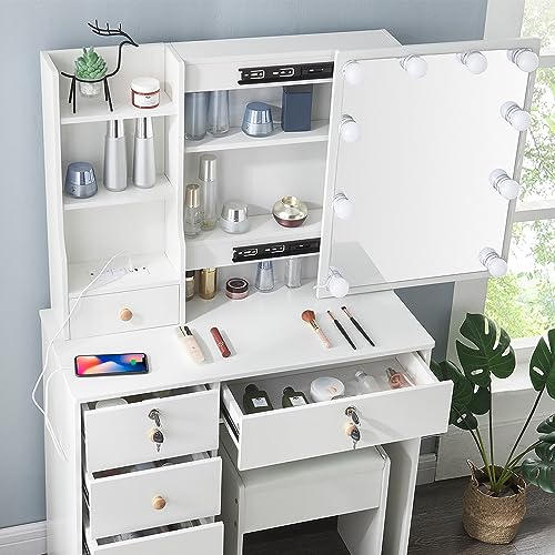 Lucaseone Vanity Desk with Lights Mirror, Vanity Table Makeup Vanity with Slidable Mirror,Drawers & Stool,for Bedroom, White (05USB712)