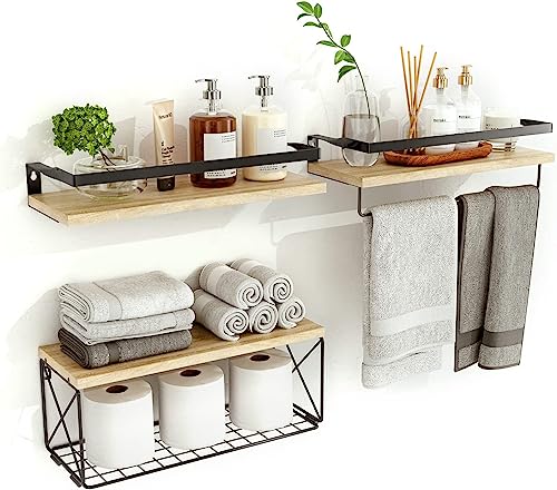 Hoiicco Bathroom Shelves with Wire Storage Basket, Floating Shelves Over Toilet with Protective Metal Guardrail, Wall Shelves for Bedroom, Living Room, Kitchen and Bathroom Toilet Paper