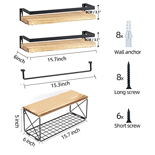 Hoiicco Bathroom Shelves with Wire Storage Basket, Floating Shelves Over Toilet with Protective Metal Guardrail, Wall Shelves for Bedroom, Living Room, Kitchen and Bathroom Toilet Paper