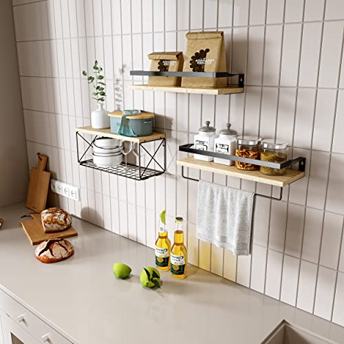 Hoiicco Bathroom Shelves with Wire Storage Basket, Floating Shelves Over Toilet with Protective Metal Guardrail, Wall Shelves for Bedroom, Living Room, Kitchen and Bathroom Toilet Paper